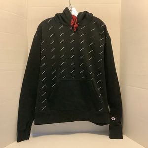 Champion All-over Logo Print Hoodie Men's Size Large Black Red Hoodie Sweatshirt
